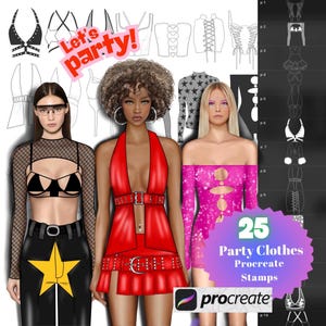 Op de afbeelding: 25 digitale stempels voor Procreate met feestkledingontwerpen. De stempels omvatten een ​​verscheidenheid aan stijlen, waaronder een rood haltertop met een riem, een roze off-shoulder jurk en een zwart mesh top met een bh. De tekst "Let's party!" is te zien in de afbeelding.