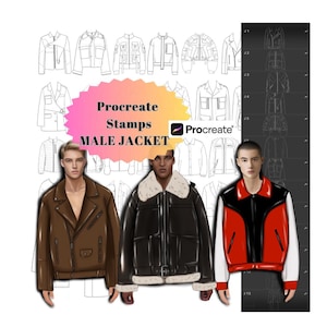 May include: Three men wearing different styles of jackets. The jackets are brown, black, and red. The image includes the text "Procreate Stamps Male Jacket".