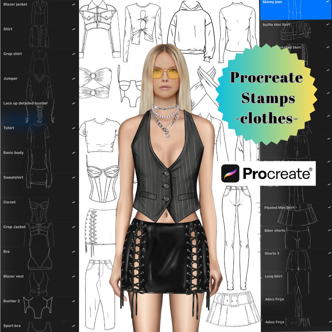 Carimbos e pincéis de roupas para Procreate – 40 tops e bottoms femininos para designers de moda