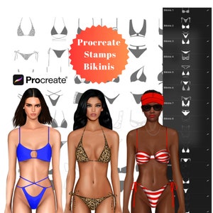 May include: Digital Procreate stamps featuring bikini designs. The image showcases various bikini styles, including solid colors, animal prints, and striped patterns. The text "Procreate Stamps Bikinis" is displayed prominently.