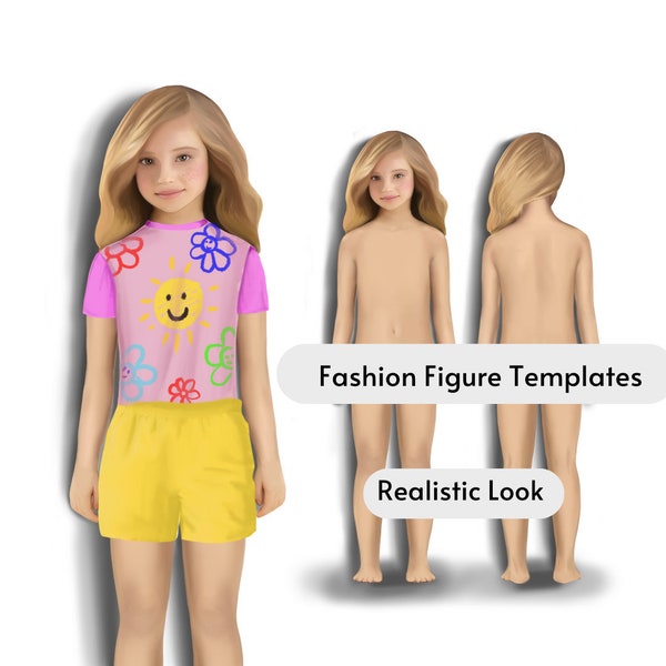 Modèle de croquis de mode pour enfants, figurine mode fille, vues de face et de dos, figurine mode enfants, croquis pour tout-petits, illustration de mode