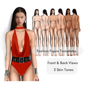 May include: Fashion figure templates for designing clothing.  The templates show front and back views of a female figure in three different skin tones.  The text "Fashion Figure Templates" and "Front & Back Views 3 Skin Tones" is displayed below the figures.