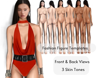 Asian Female Fashion Figure Templates, Front and Back Views, 3 Different Skin Tones, Female Croquis, Procreate Figure , Model illustiration