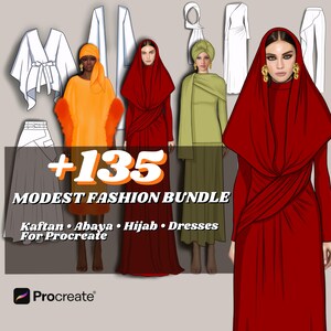 May include: Digital fashion bundle featuring illustrations of modest clothing, including kaftans, abayas, hijabs, and dresses. The image showcases various styles in vibrant colors like orange, red, and olive green, with the text "+135 MODEST FASHION BUNDLE" and "For Procreate".