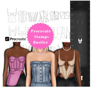 May include: Procreate Stamps Bustier: A digital illustration set for creating different styles of bustiers. The set includes a variety of designs, including a classic corset, a denim bustier, and a sweetheart neckline. The illustration set is perfect for fashion designers, illustrators, and anyone who wants to create unique and stylish designs.