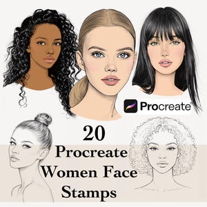 May include: Digital art featuring five illustrations of women's faces with various hairstyles and skin tones. The image includes the text "20 Procreate Women Face Stamps" and the Procreate logo.