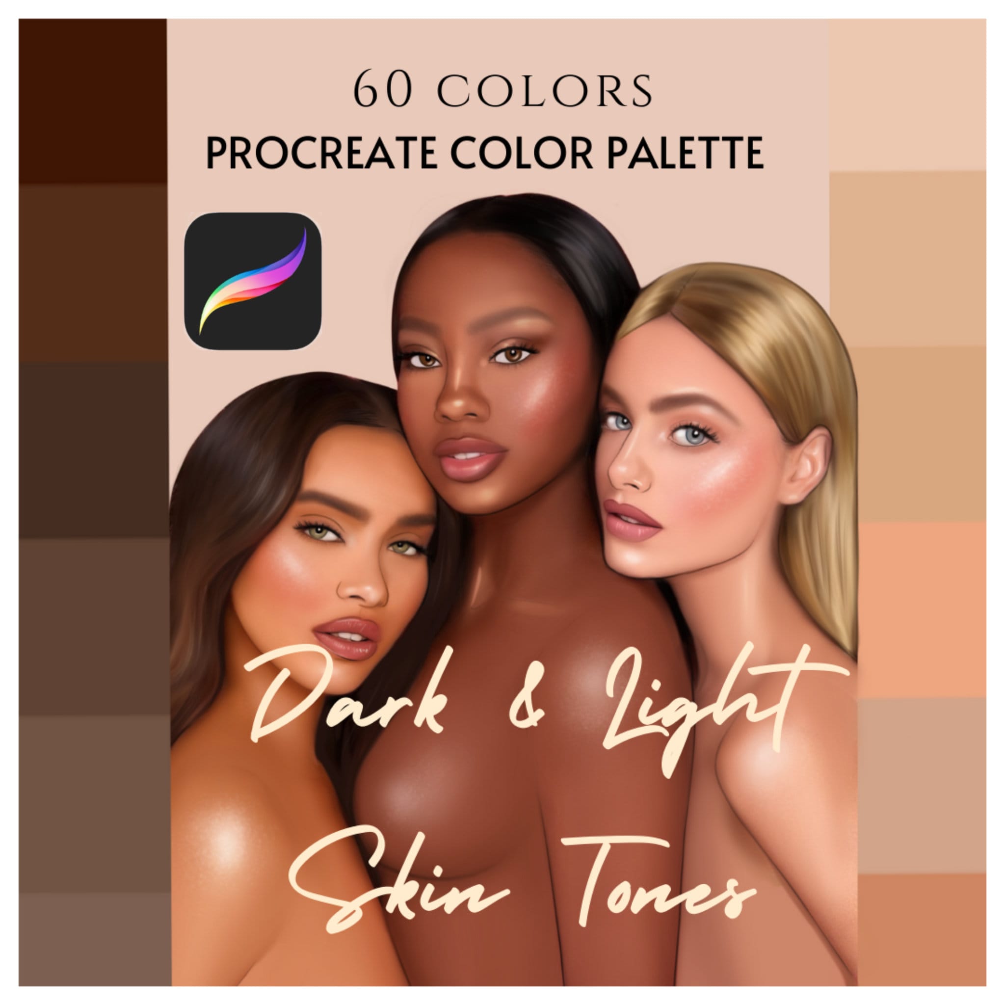 Skin Tone Palette for Procreate – 60 Realistic Shades for Portraits, Dark & Light Complexions