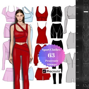 May include: A set of 63 Procreate stamps featuring various designs of sports clothing, including tops, shorts, leggings, and jackets. The stamps are designed for use in digital art and illustration.