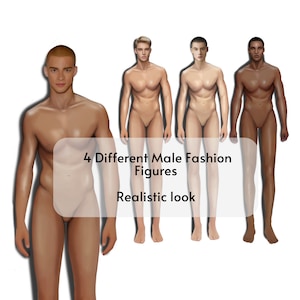 May include: Four male figures with different skin tones standing in a row. The figures are nude and have realistic features. The text "4 Different Male Fashion Figures" and "Realistic look" is displayed below the figures.