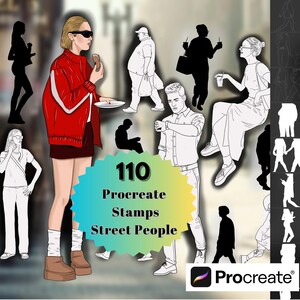May include: A set of 110 Procreate stamps featuring illustrations of people walking, sitting, and standing in various poses. The stamps are designed to be used in digital art and design projects. The text "110 Procreate Stamps Street People" is displayed on a colorful background.