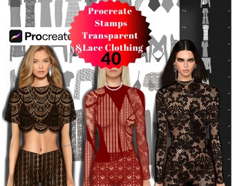 Procreate Stamps Lace Kleidung, Stempel für Modedesigner, 40 Transparente Kleidung Stempel, Kleidung Stempel, Procrate Pinsel