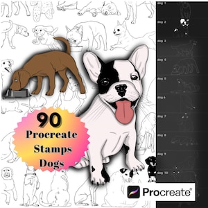 Pode incluir: Um conjunto de 90 selos Procreate com várias raças de cães em arte de linha preto e branco. Os selos são perfeitos para adicionar um toque de charme canino aos seus projetos de arte digital.