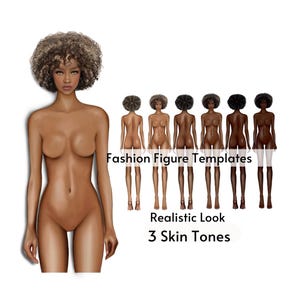 ファッションフィギュアテンプレート、正面図と背面図、3つの異なる肌の色、女性のクロッキー、リアルなファッションイラスト、Procreateフィギュア