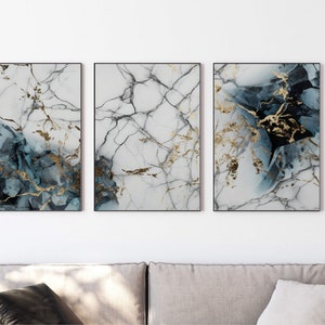 Conjunto de 3 estampados de mármol blanco y dorado, arte abstracto de la pared, estampados abstractos de mármol, arte de la pared de mármol, arte moderno, decoración de la sala de estar, arte de lujo
