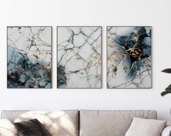 Set van 3 witte en gouden marmeren prints, abstracte muurkunst, marmeren abstracte prints, marmeren muurkunst, moderne kunst, woonkamerdecor, luxe kunst