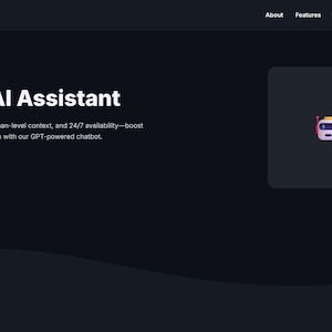 May include: Dark background with the text "AI Chatbot" at the top. The main text reads "Your AI Assistant" with a description below. A green button says "Get Started". A small robot icon is in the upper right corner.
