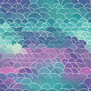 May include: A seamless pattern of overlapping teal, blue, purple, and pink rounded shapes with white outlines. The shapes are arranged in rows and create a wave-like effect.