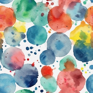 Könnte beinhalten: Abstrakte Aquarellmalerei mit einem nahtlosen Muster aus bunten Kreisen und Punkten auf weißem Hintergrund.