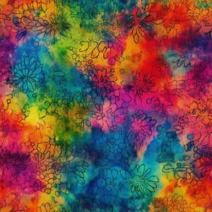 Peut inclure: Fond abstrait aquarelle avec un arc-en-ciel de couleurs et des motifs floraux noirs. Le design rappelle un motif tie-dye.