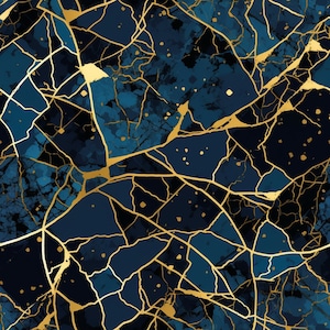 Könnte beinhalten: Abstraktes nahtloses Muster mit dunkelblauem Hintergrund und goldenen Adern. Das Muster ähnelt einer rissigen Oberfläche mit Marmoreffekt.