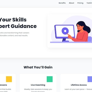 Pode incluir: Interface de site com o texto "Learn WithMe" no topo. O título principal é "Master Your Skills With Expert Guidance". Uma ilustração mostra uma pessoa interagindo com um computador. Abaixo estão seções para "Structured Lessons", "Live Coaching" e "Lifetime Access".