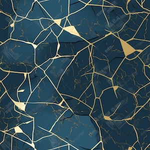 May include: Abstract seamless pattern with a dark blue background and gold crackle lines. The pattern resembles a cracked surface with a metallic gold finish.