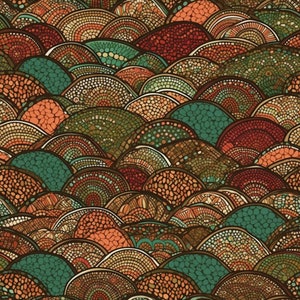 May include: A seamless pattern of colorful, mosaic-like, rounded shapes. The pattern features shades of brown, green, red, and orange.