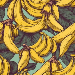 Może przedstawiać: Wzór bez szwów z powtarzającym się motywem żółtych bananów na zielonym tle z liści. Banany są narysowane w stylu vintage z detaliczną fakturą.