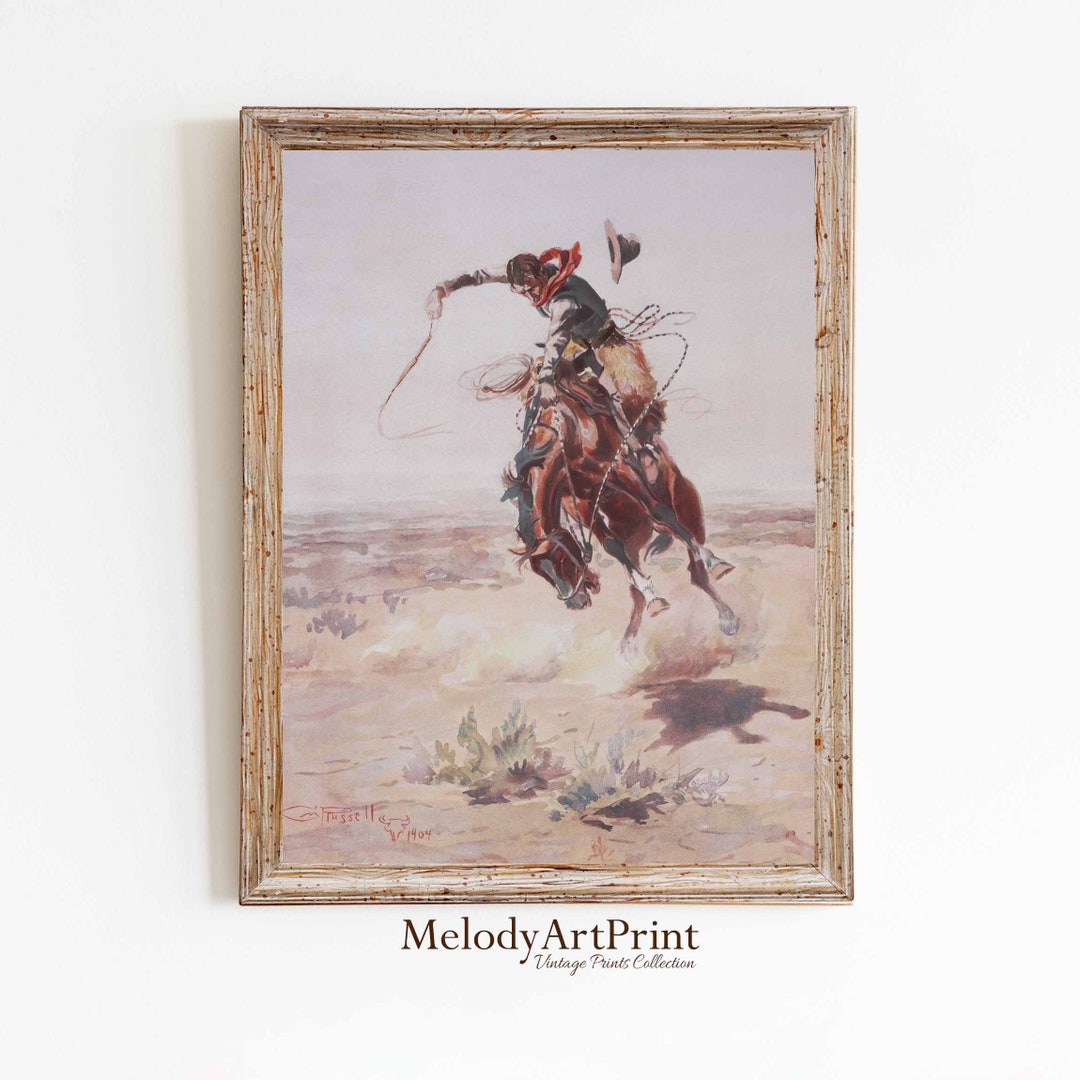 Western Wall Art, Rustic Horse Rider Painting, Vintage Western Cowboy ...