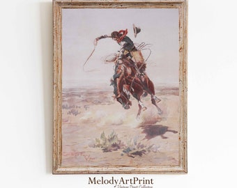 Arte de la pared occidental, pintura rústica del jinete del caballo, arte vaquero occidental vintage, decoración del suroeste, impresiones de arte occidental, descarga digital IMPRIMIBLE