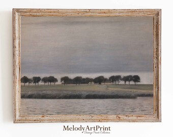 Vintage River Landscape Art Print: Muted Blue Riverside Painting (Digital Download)