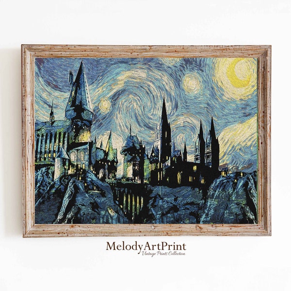 Starry Night Print, Magic Wizard Castle Wall Art, Magic School, Book Nerd Gift, Fantasy Poster, Wand Wizard, Vacation, Mischief