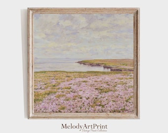 ヴィンテージの春の草原の絵画、正方形の風景画アートプリント（デジタルダウンロード）