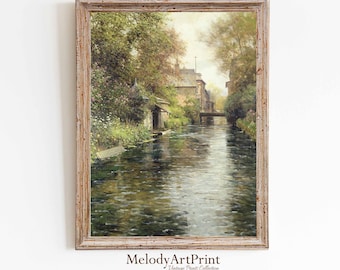 Antique River Landscape Painting, Vintage Farmhouse Decor (Digital Download)