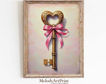 Vintage Gold Heart Key Valentines Print, Rustic Pink Wall Art (Instant Download)