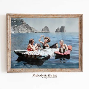 Frauen essen Pasta am Wasser, farbige Vintage Wandkunst, Retro Foto Poster, Vintage Wanddeko, Spaghetti essen am See Druck