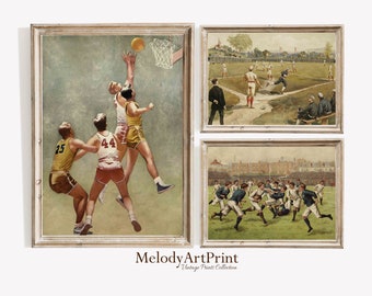 Vintage Sports Art Print Set: Football, Baseball, Basketball (Digital Download)