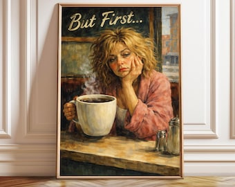 Surreal Coffee Woman Art Print: Whimsical Kitchen Poster (Digital Download)