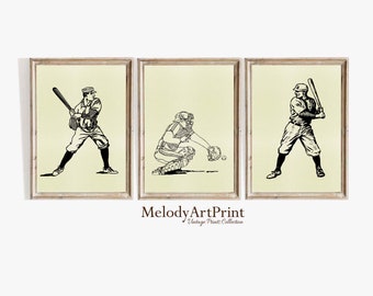 May include: Set of three framed vintage baseball prints. Each print features a black and white illustration of baseball players in action. The prints are set against a cream-colored background, with a wooden frame. The text "MelodyArtPrint Vintage Prints Collection" is at the bottom.