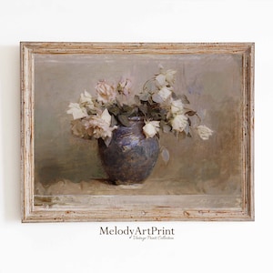 Roses Still Life Painting Neutral Printable, Vintage  Flower Print, Botanical Oil Painting, Roses Wall Art Print, Muted Botanical Print