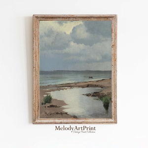 Neutral Seascape Painting, Vintage Coastal Wall Art, Antique Beach Landscape Print, Summer Cottage Decor, PRINTABLE Art