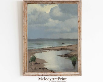 Vintage Beach Landscape Painting: Neutral Coastal Art (Printable Art)