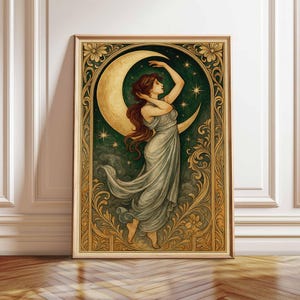 Lunar Goddess Moon Art Print, Divine Feminine Celestial Poster, Boho Mystical Wall Decor, Art Nouveau Digital Download for Bedroom or Altar