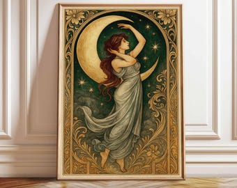 Lunar Goddess Art Nouveau Print: Divine Feminine Celestial Wall Decor (Digital Download)