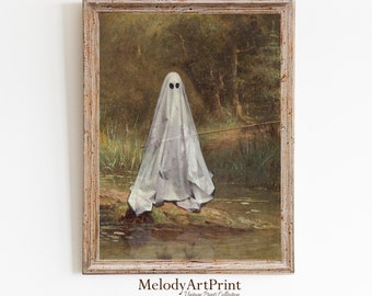 Vintage Halloween Ghost Painting, Country Landscape Art (Digital Download)