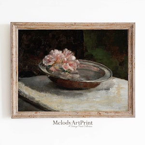 Printable Still Life Vintage Painting, Flower Print, Pink Botanical Oil Painting, Roses Wall Art Print, Muted Botanical Wall Art Print
