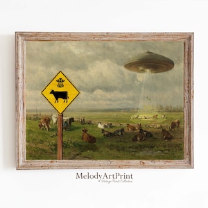 Vintage Pastoral Alien Abduction Art Print, Funny UFO Painting, Altered Vintage Landscape, Printable Surreal Wall Decor Download