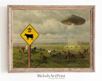 Funny Alien Abduction Art Print: Vintage Pastoral Landscape (Digital Download
