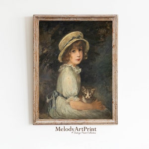Nursery Wall Art, Girl with Cat Vintage Painting, Young Girl Portrait, Digital Download, Victorian Girl, Cat Downloadable, Little Girl
