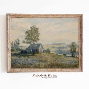Dipinto ad olio di paesaggio di villaggio d&#39;epoca: arte murale per casa di campagna (download digitale)